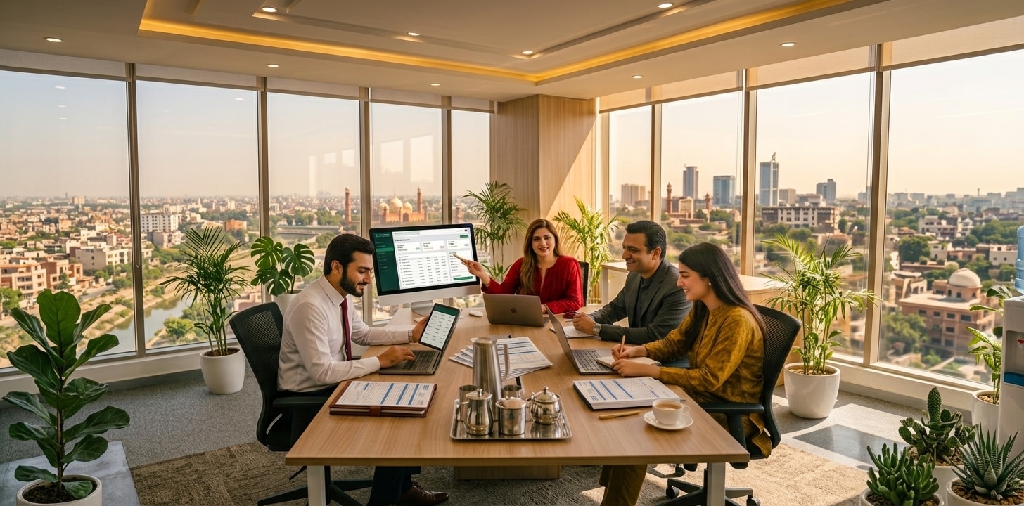 Tax consultants reviewing a client's return together on screen in a bright office